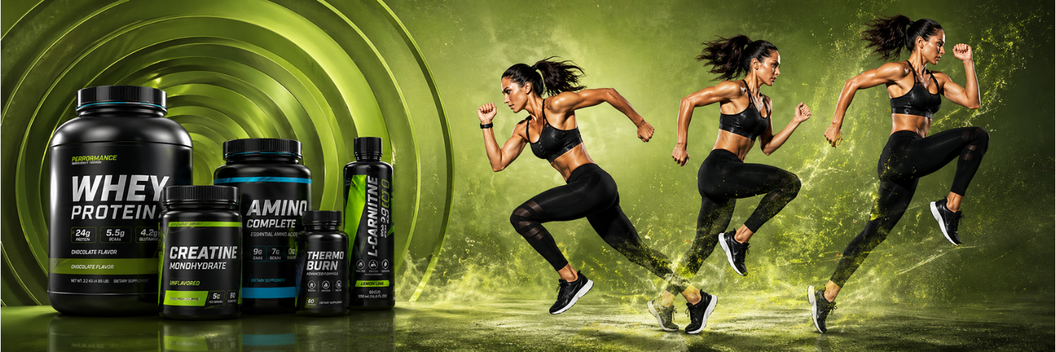 banner femeie facand fitness, suplimente pentru sportivi, carnitina, pudra proteica